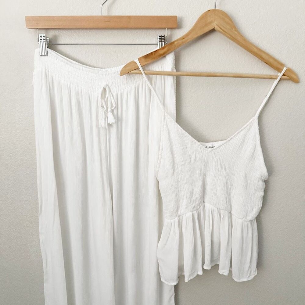 SALTY LEMON | SET White Smocked Tank Wide Leg Gauze Lace Pants White Tassel | XL - Picture 2 of 13